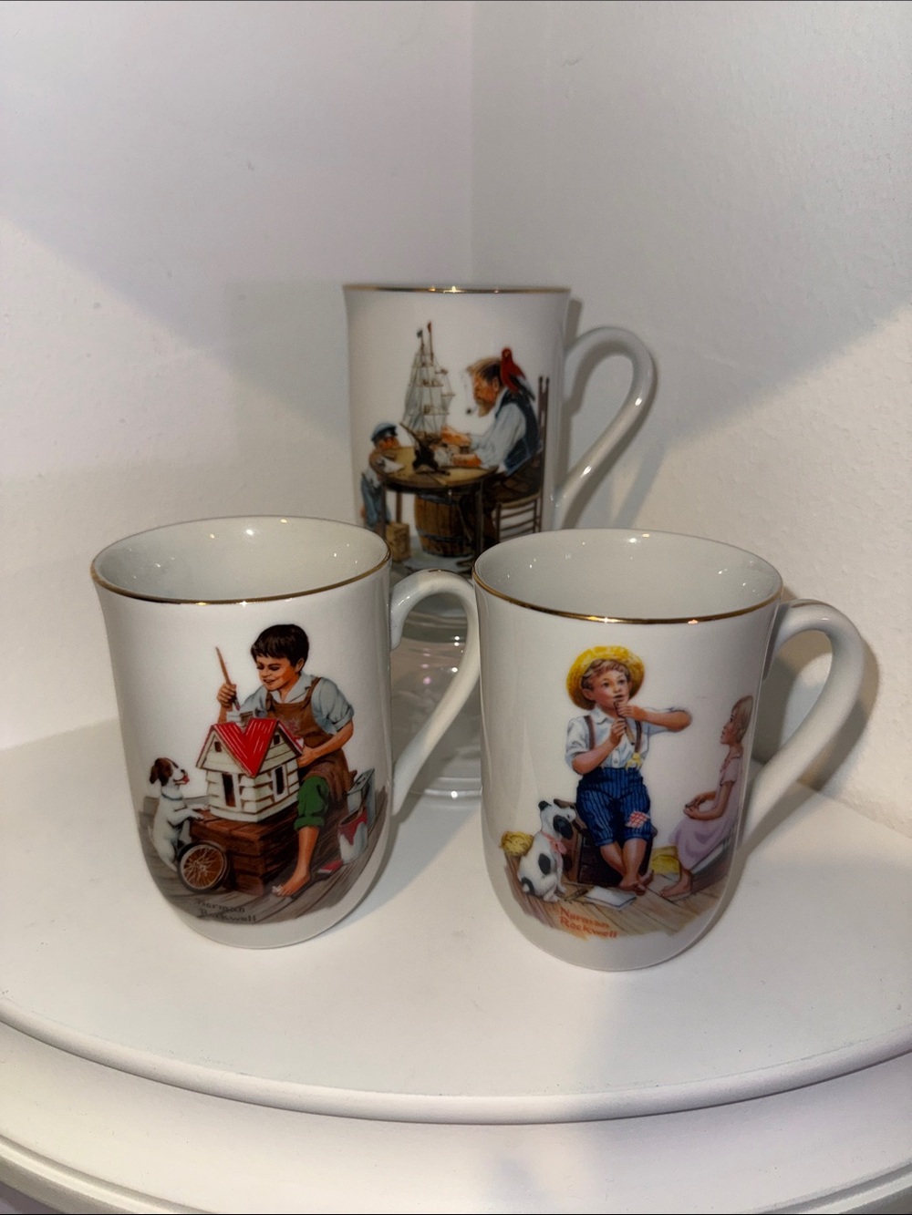Norman Rockwell White Mugs with Gold Trim - Set of Three